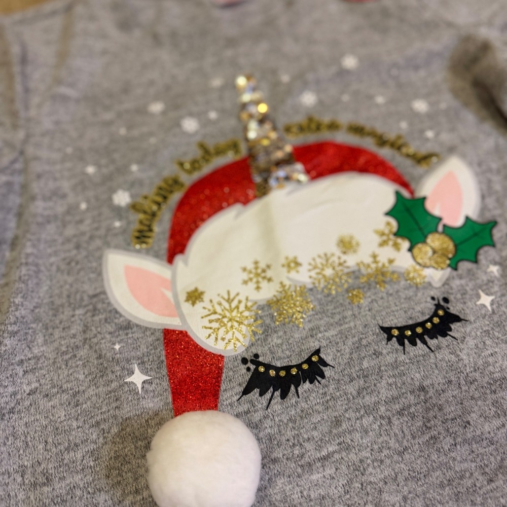 Holiday Time Girls Christmas Unicorn Sweater Gray Reversible Sequins L 10-12 - Picture 2 of 8